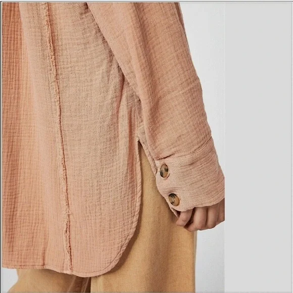 Free People Rusty Rose Mauve Gauzy Button Down Blouse Top Duster Jacket - Picture 4 of 8